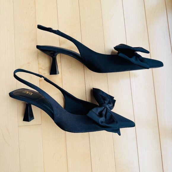 ZARA - NEW black satin pointy toed slingback heels with bow - size 39 - Picture 3 of 4
